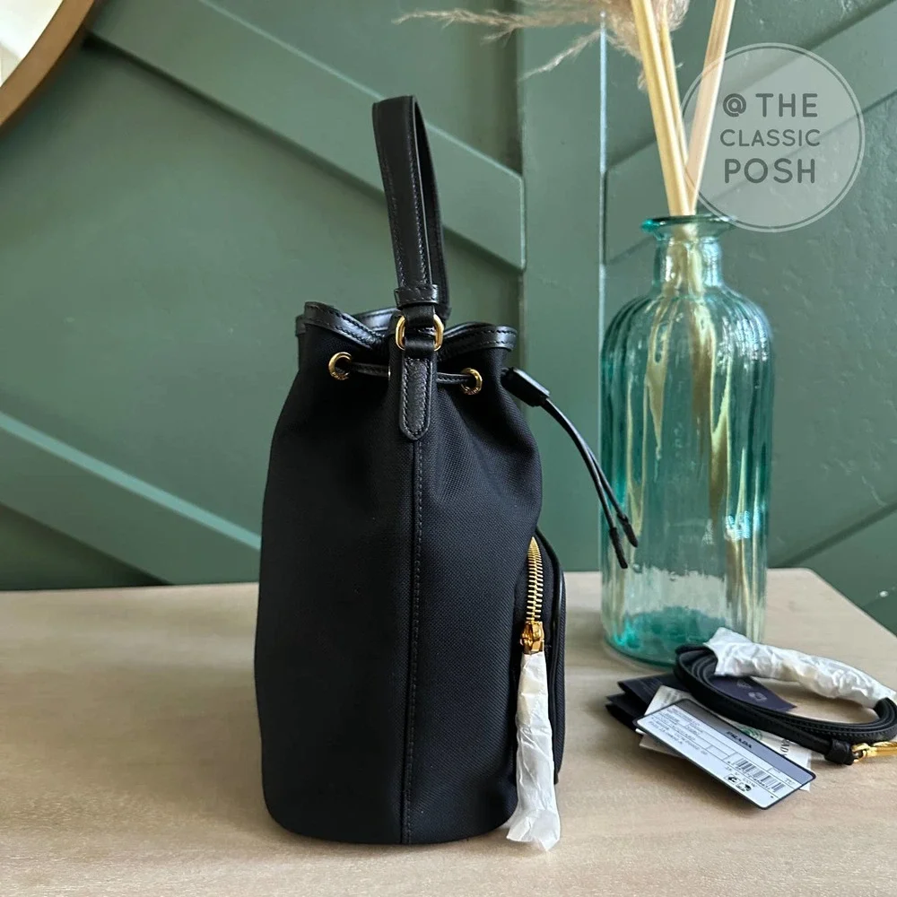 NEW Prada Jacquard Logo Bucket Black Canvas Tote Crossbody Bag